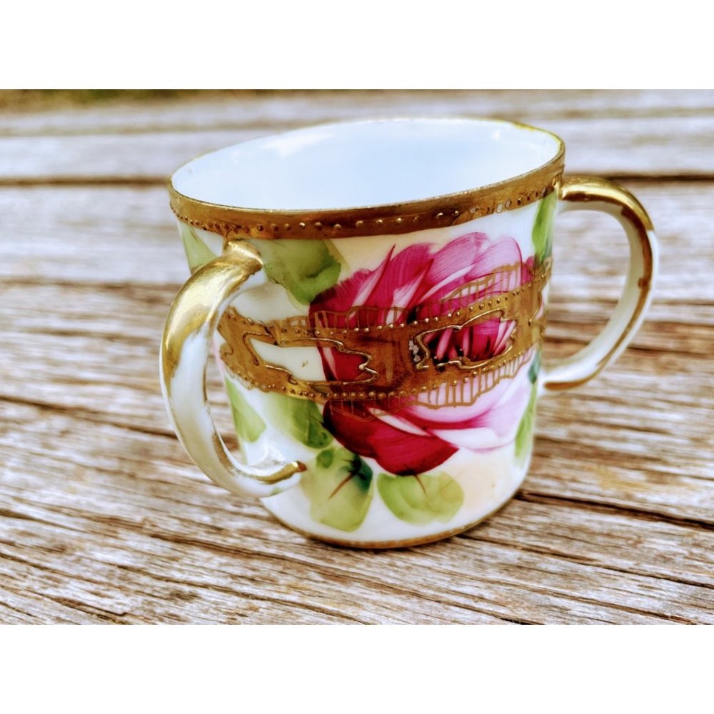 Antique Nippon Hand Painted Roses 3 Handle Loving Cup Small